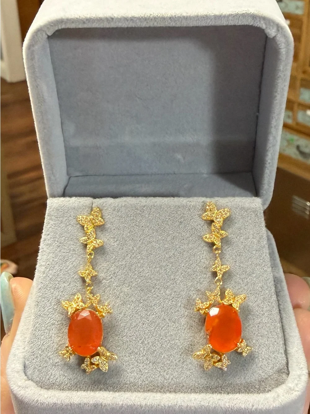 Natural Carnelian 3CT w/ Zircon in 18K Yellow Gold butterfly Dangle Earrings